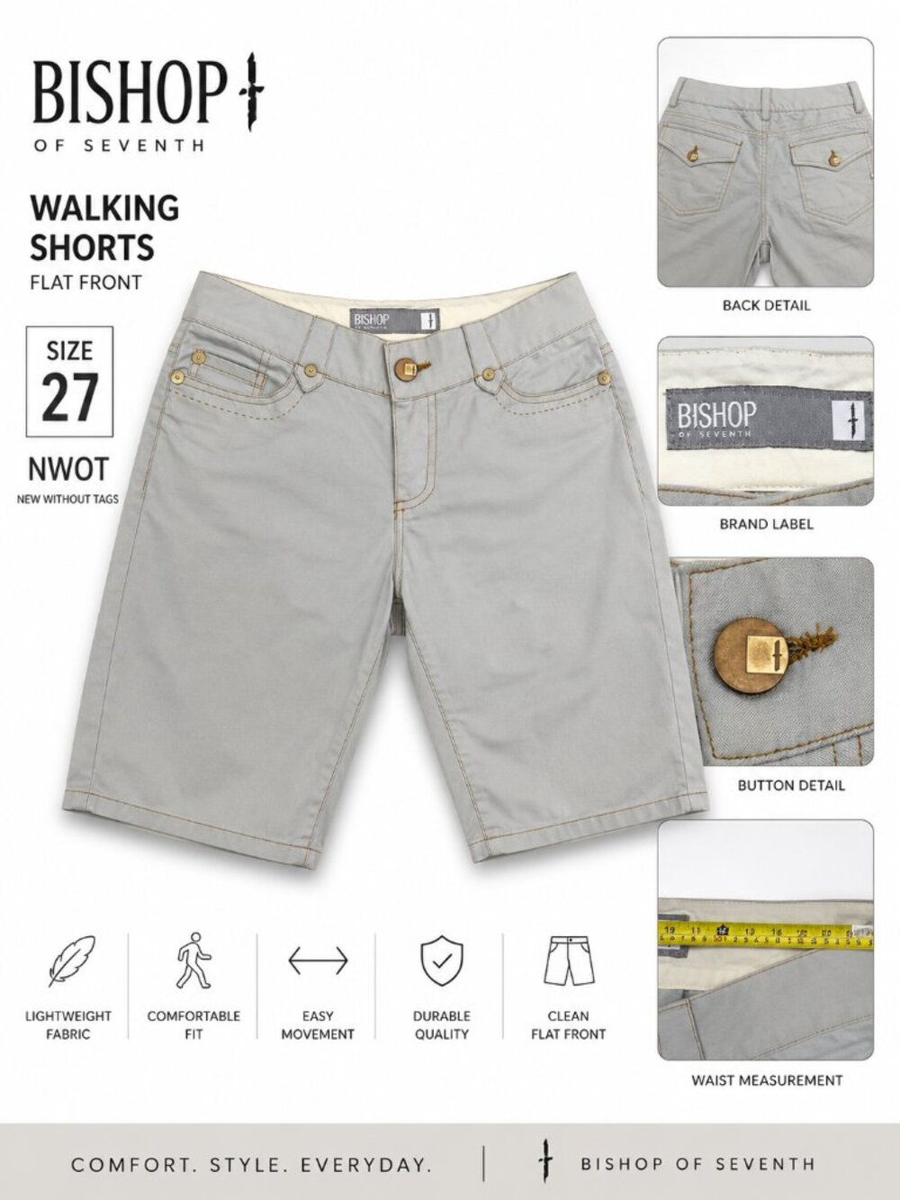NWOT Bishop of Seventh Flat Front Walking Shorts Light Grey Size 27